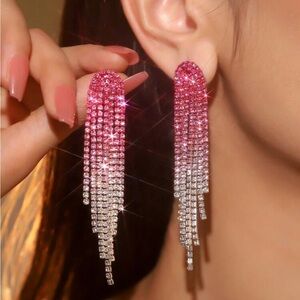 Pink and White Ombré Rhinestone Tassel Earrings, Lover Earrings, Wicked Earring